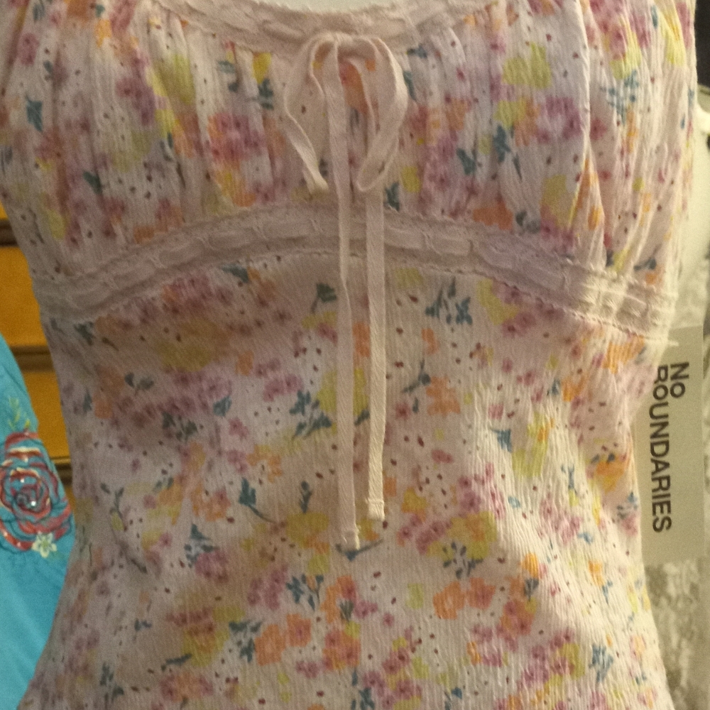 New,tag,pink floral empire waist shirred bodice cami adjustable straps size med.